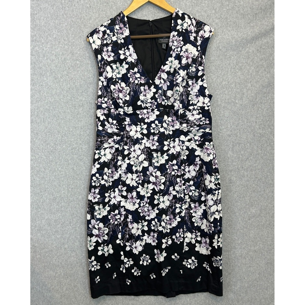 Adrianna Papell Dark Floral VNeck Sheath Dress Black Purple Office Party Size 16